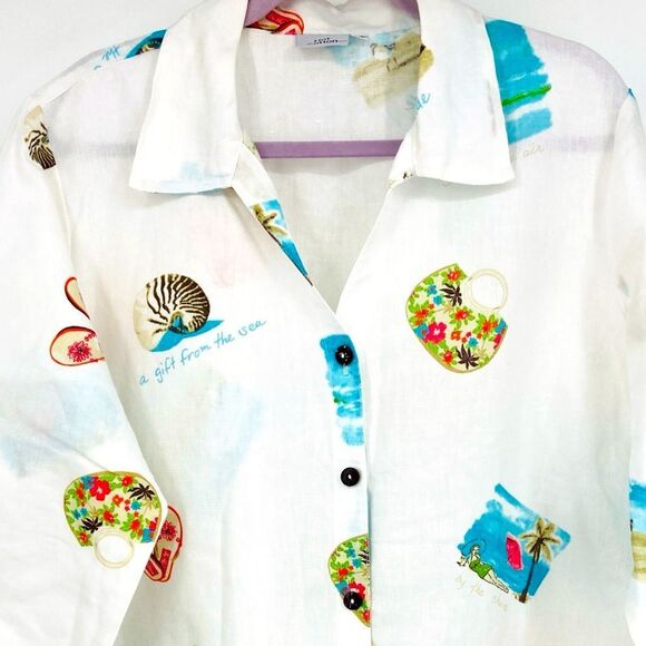 Hot Cotton Linen Blend Beach Print Button-Up Shirt XL - Picture 4 of 5
